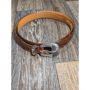 ONYX Mens Brown Crocodile Embossed Leather Western Ranger Belt Silver Buckle 42